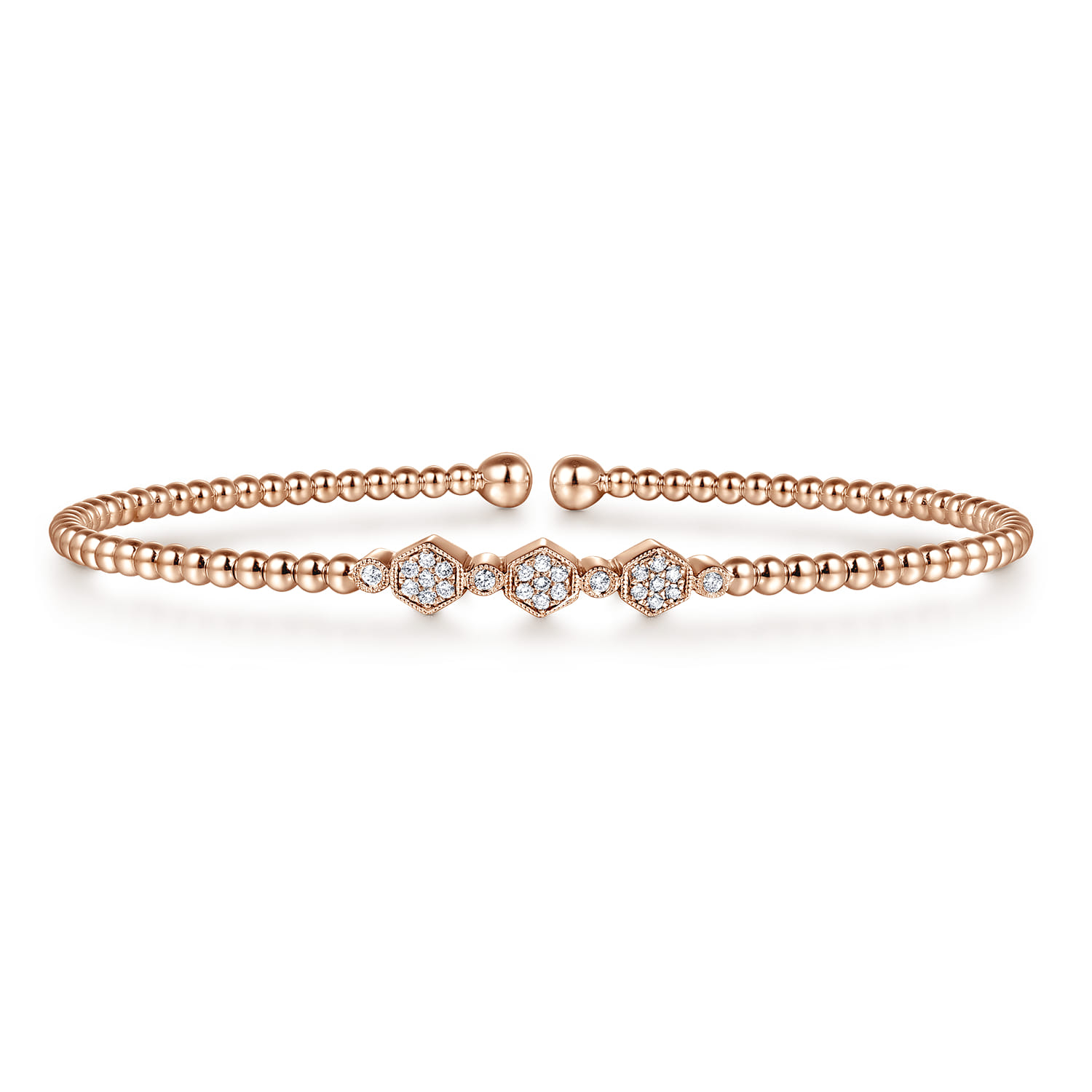 14K Rose Gold Bujukan Bead Cuff Bracelet with Cluster Diamond Hexagon Stations - 0.14 ct - Shot 1