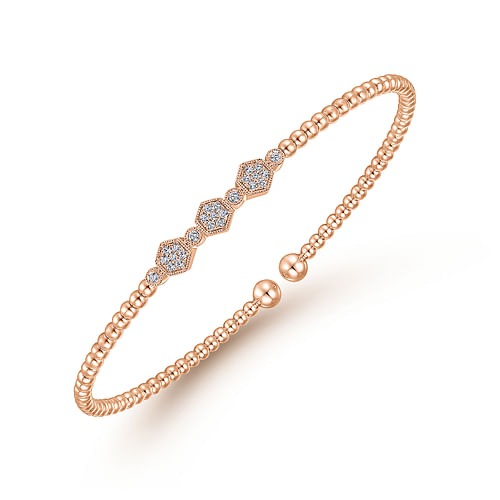 14K Rose Gold Bujukan Bead Cuff Bracelet with Cluster Diamond Hexagon Stations - 0.12 ct - Shot 2