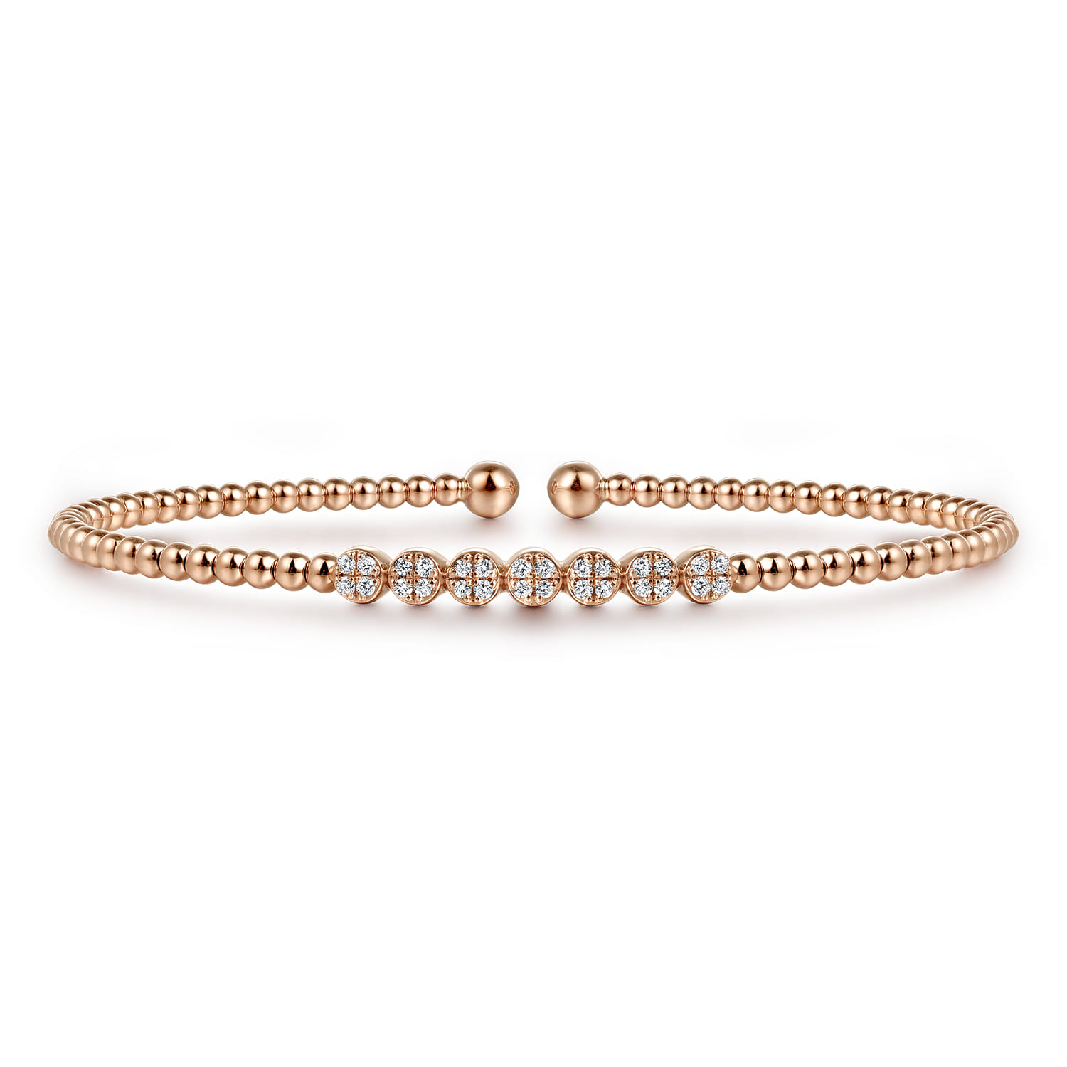 14K Rose Gold Bujukan Bead Cuff Bracelet with Cluster Diamond Stations - 0.14 ct - Shot 1