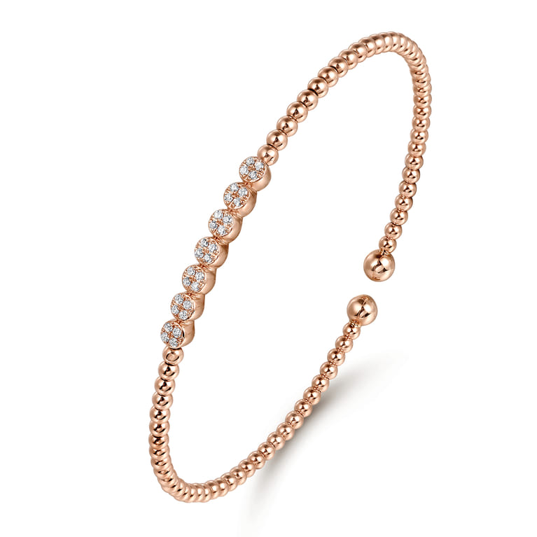 14K Rose Gold Bujukan Bead Cuff Bracelet with Cluster Diamond Stations - 0.14 ct - Shot 2