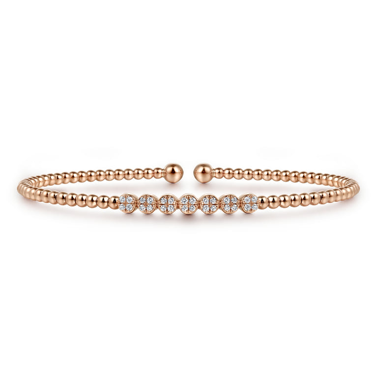 14K Rose Gold Bujukan Bead Cuff Bracelet with Cluster Diamond Stations - 0.14 ct - Shot 1