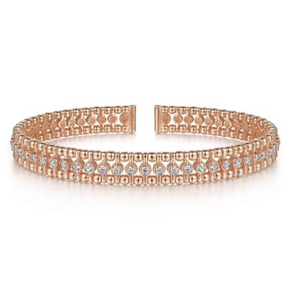 14K Rose Gold Bujukan Bead Cuff Bracelet with Diamond Bezel Connectors