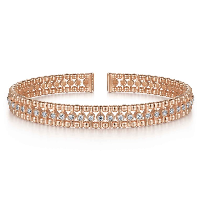 14K Rose Gold Bujukan Bead Cuff Bracelet with Diamond Bezel Connectors - 0.75 ct - Shot 1