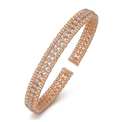 14K Rose Gold Bujukan Bead Cuff Bracelet with Diamond Bezel Connectors