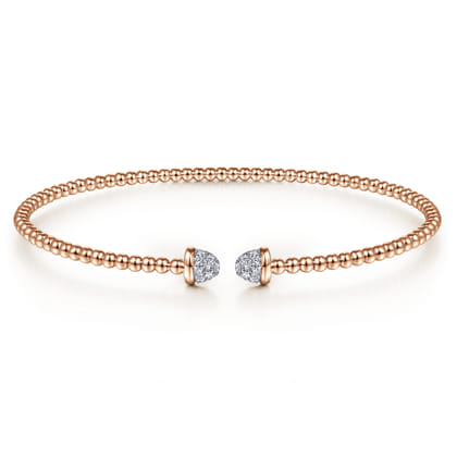14K Rose Gold Bujukan Bead Cuff Bracelet with Diamond Pave Caps
