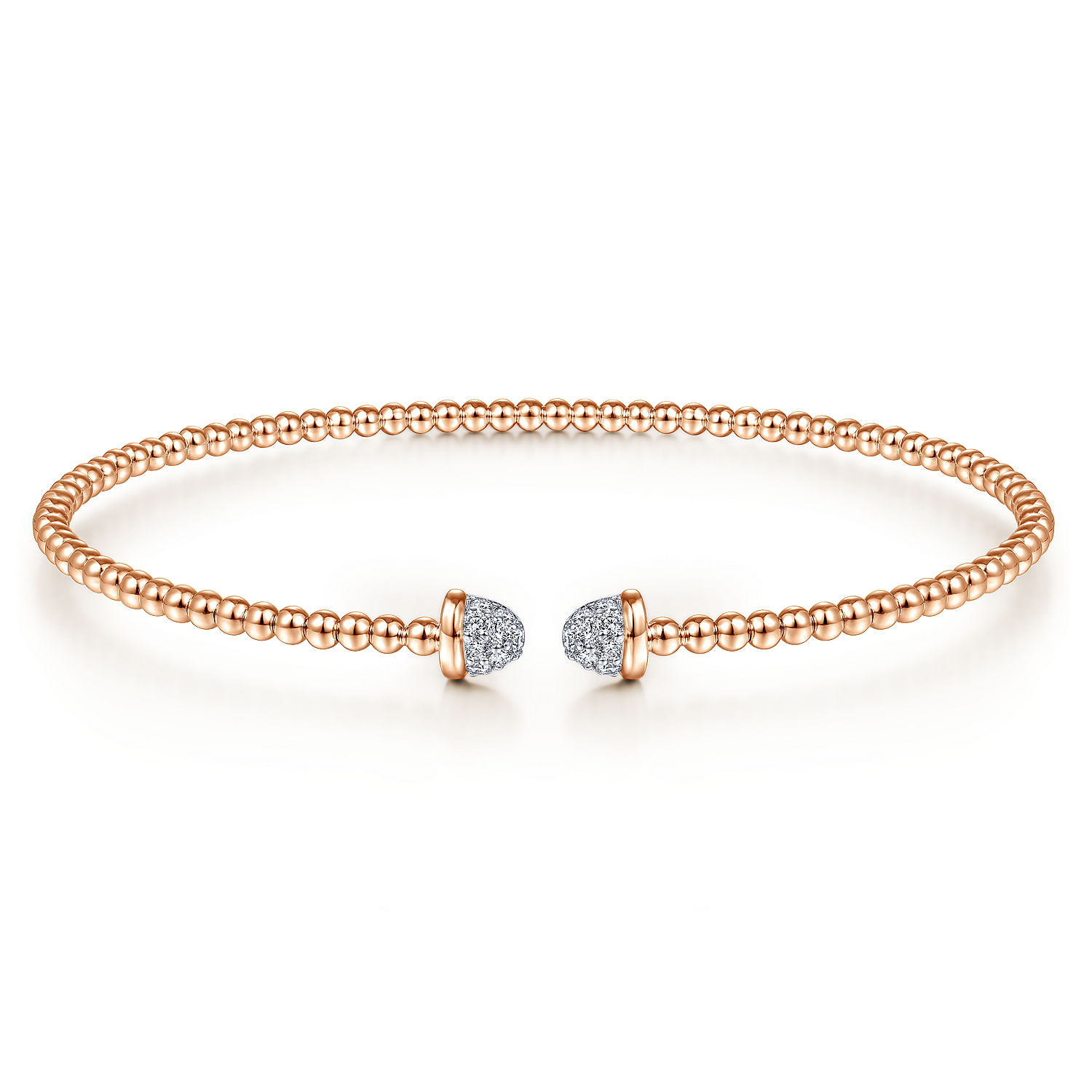 14K Rose Gold Bujukan Bead Cuff Bracelet with Diamond Pave Caps