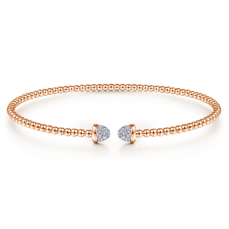 14K Rose Gold Bujukan Bead Cuff Bracelet with Diamond Pave Caps - 0.21 ct - Shot 1