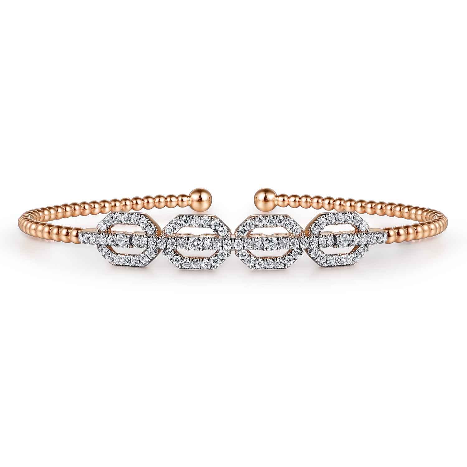 14K Rose Gold Bujukan Bead Cuff Bracelet with Diamond Pave Links - 0.6 ct - Shot 1