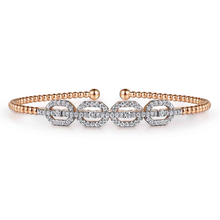 14K Rose Gold Bujukan Bead Cuff Bracelet with Diamond Pave Links - 0.6 ct - Shot 1
