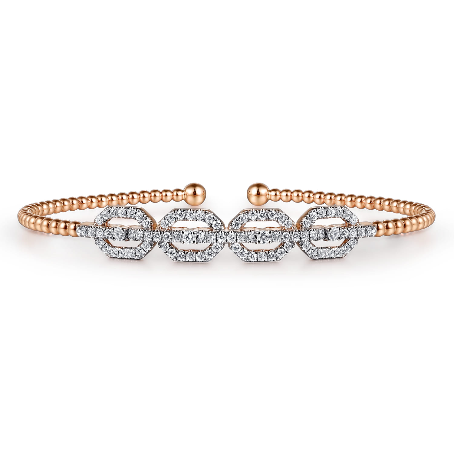 14K Rose Gold Bujukan Bead Cuff Bracelet with Diamond Pave Links - 0.6 ct - Shot 1