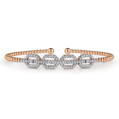 14K Rose Gold Bujukan Bead Cuff Bracelet with Diamond Pave Links