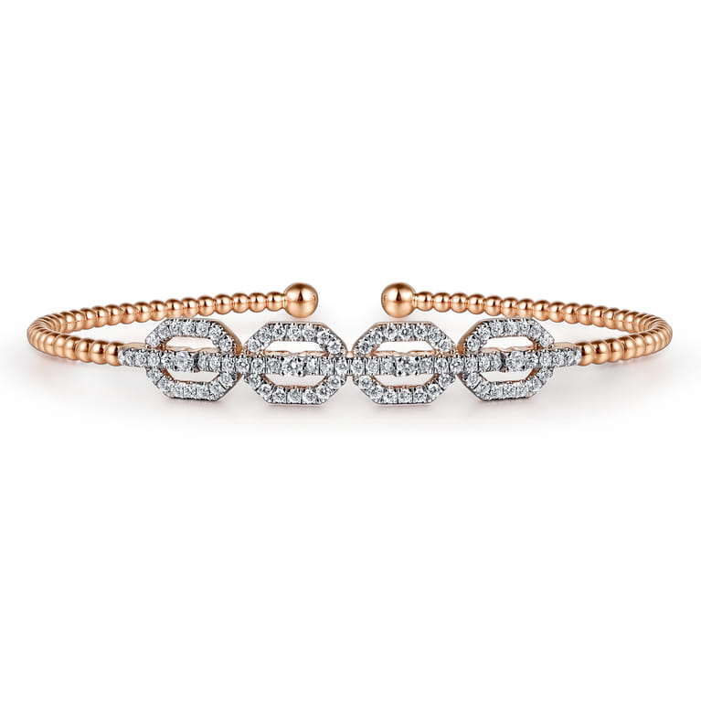 14K Rose Gold Bujukan Bead Cuff Bracelet with Diamond Pave Links - 0.6 ct - Shot 1