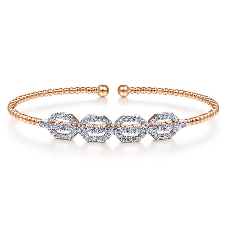 14K Rose Gold Bujukan Bead Cuff Bracelet with Diamond Pave Links - 0.6 ct - Shot 1