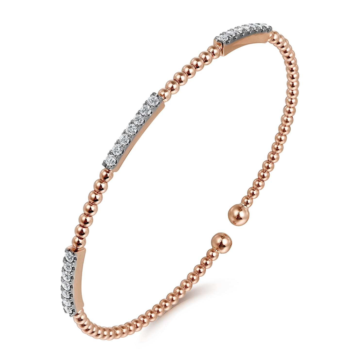 14K Rose Gold Bujukan Bead Cuff Bracelet with Diamond Pave Stations - 0.45 ct - Shot 2