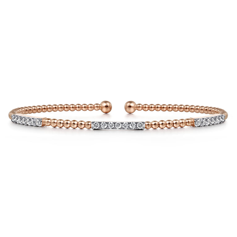 14K Rose Gold Bujukan Bead Cuff Bracelet with Diamond Pave Stations - 0.45 ct - Shot 1