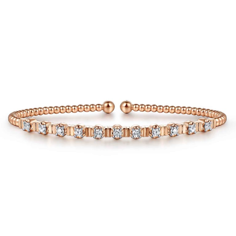 14K Rose Gold Bujukan Bead Cuff Bracelet with Diamond Stations - 0.33 ct - Shot 1
