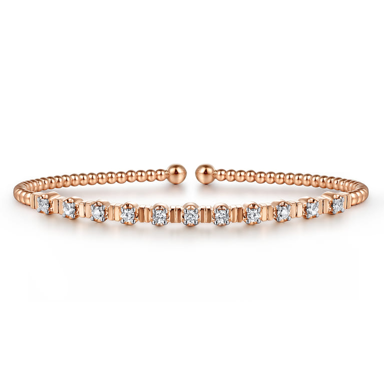 14K Rose Gold Bujukan Bead Cuff Bracelet with Diamond Stations - 0.33 ct - Shot 1