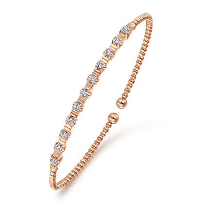 14K Rose Gold Bujukan Bead Cuff Bracelet with Diamond Stations