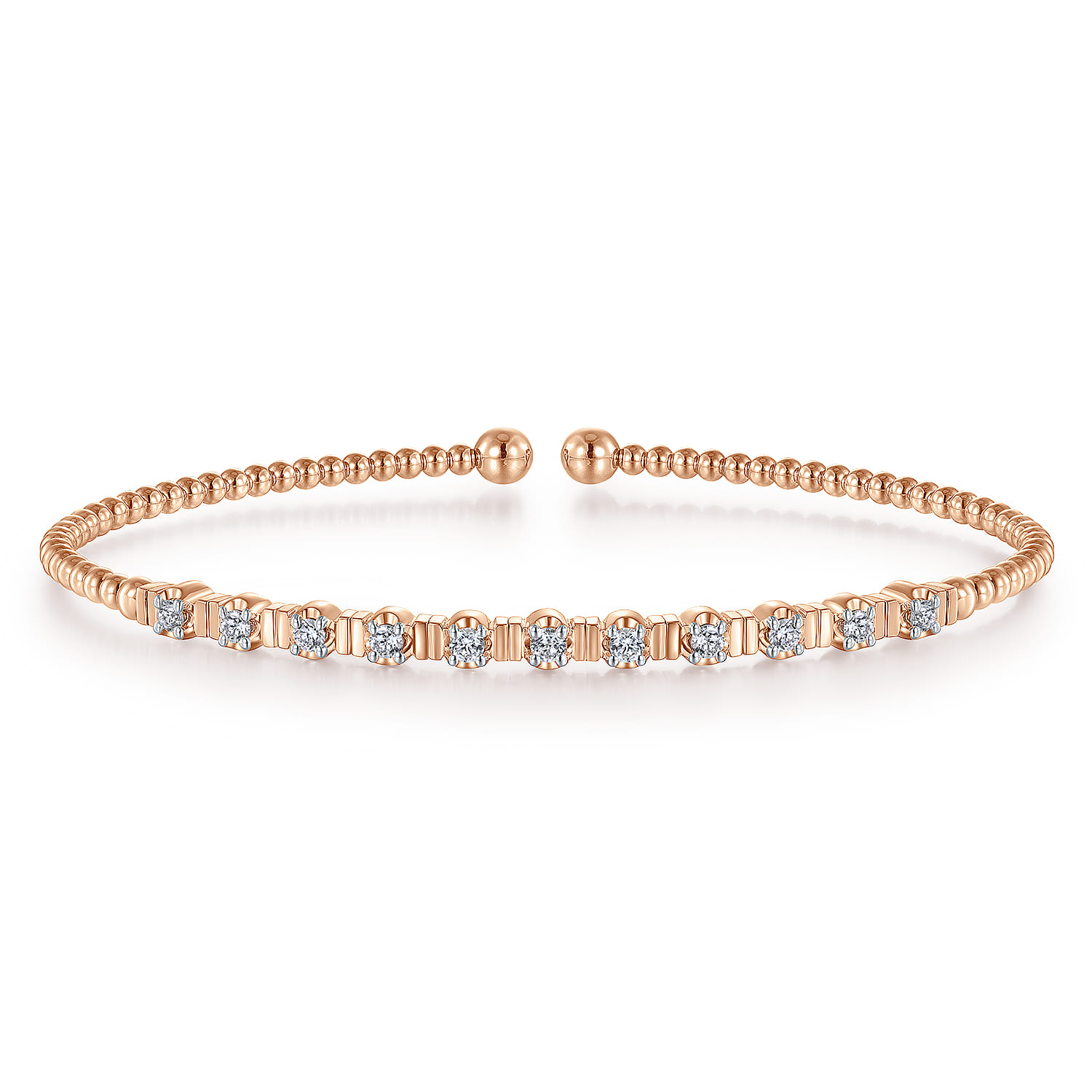 14K Rose Gold Bujukan Bead Cuff Bracelet with Diamond Stations - 0.33 ct - Shot 1