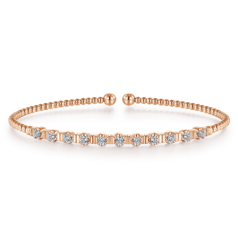 14K Rose Gold Bujukan Bead Cuff Bracelet with Diamond Stations - 0.33 ct - Shot 1