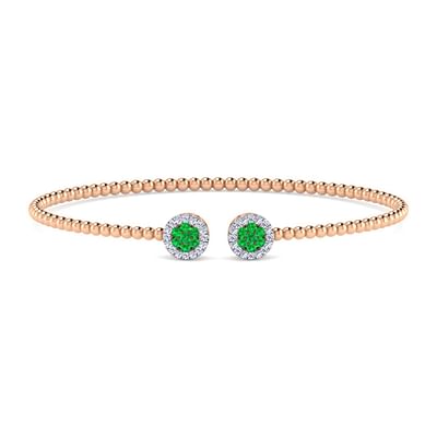 14K Rose Gold Bujukan Bead Cuff Bracelet with Emerald and Diamond Halo Caps
