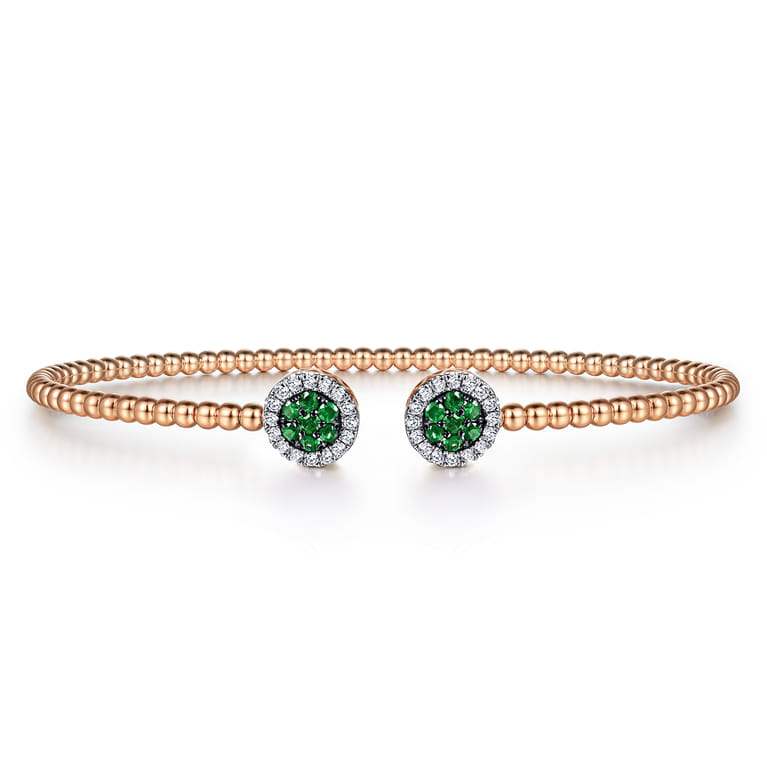 14K Rose Gold Bujukan Bead Cuff Bracelet with Emerald and Diamond Halo Caps - 0.16 ct - Shot 1
