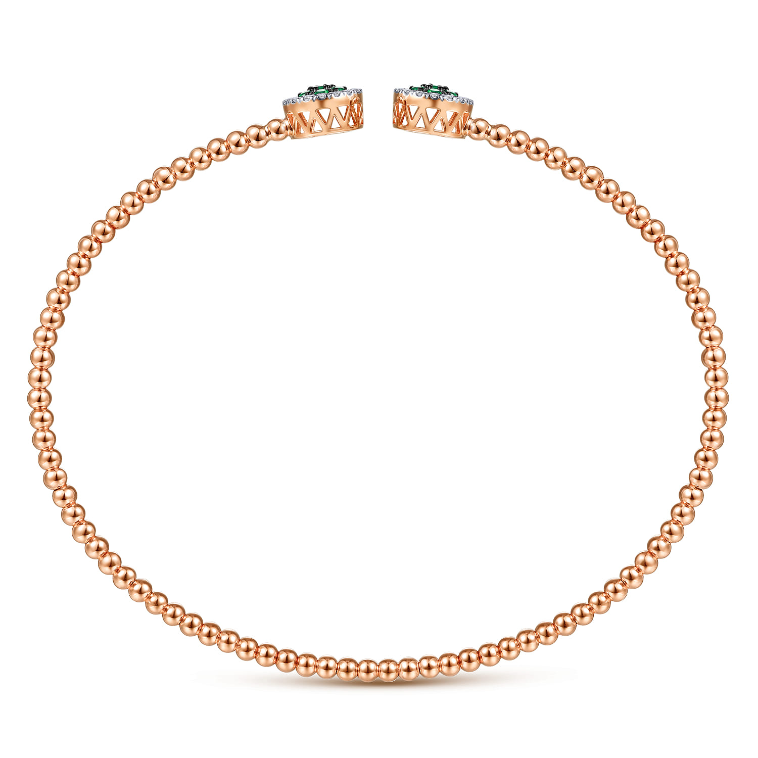 14K Rose Gold Bujukan Bead Cuff Bracelet with Emerald and Diamond Halo Caps - 0.16 ct - Shot 3