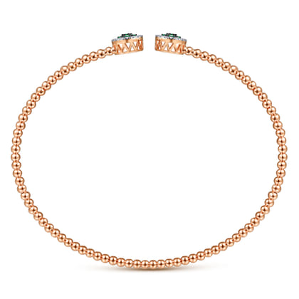 14K Rose Gold Bujukan Bead Cuff Bracelet with Emerald and Diamond Halo Caps