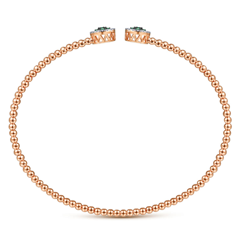14K Rose Gold Bujukan Bead Cuff Bracelet with Emerald and Diamond Halo Caps - 0.16 ct - Shot 3
