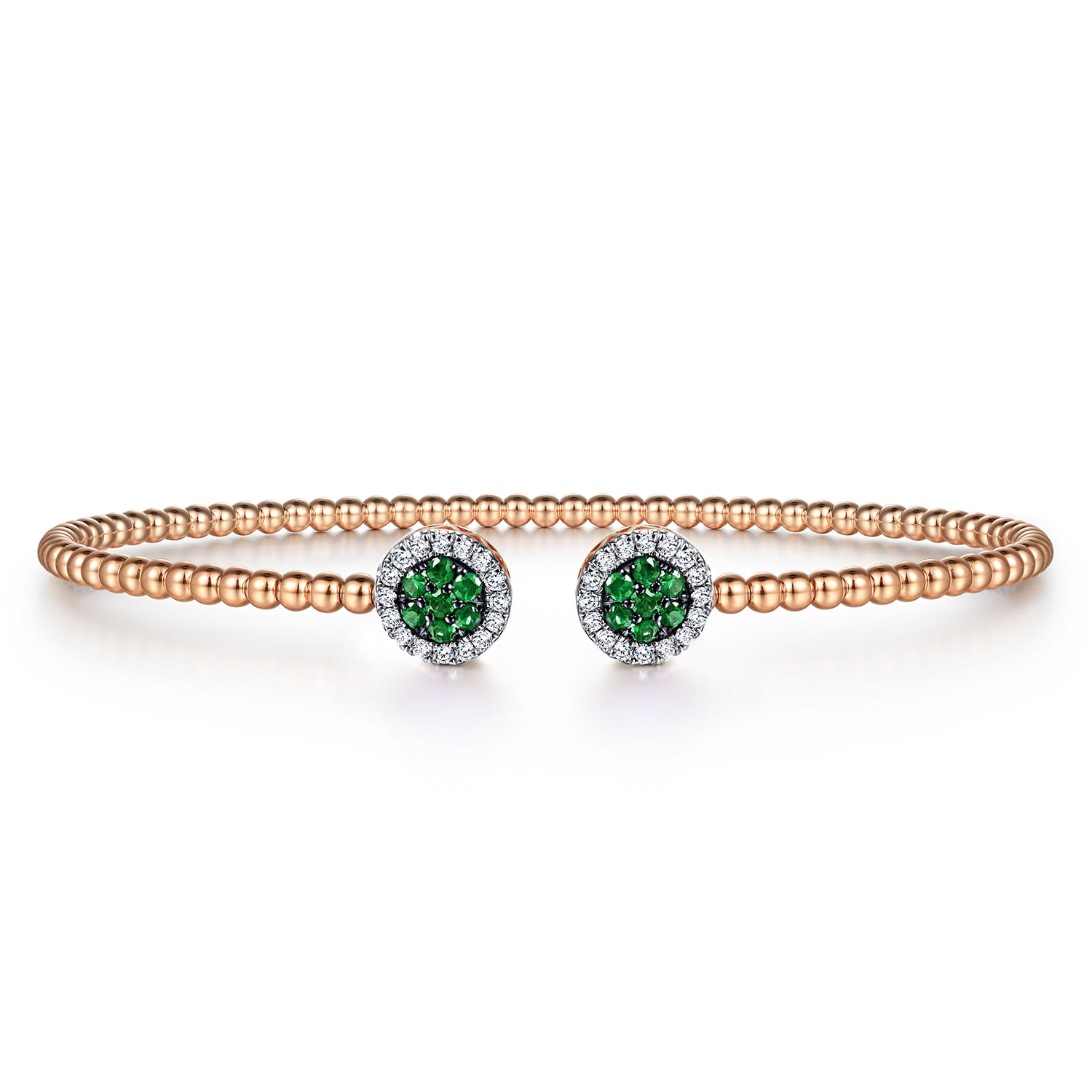 14K Rose Gold Bujukan Bead Cuff Bracelet with Emerald and Diamond Halo Caps