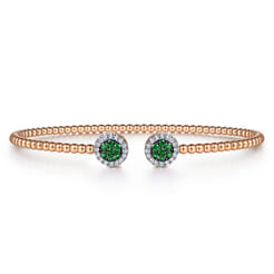 14K Rose Gold Bujukan Bead Cuff Bracelet with Emerald and Diamond Halo Caps