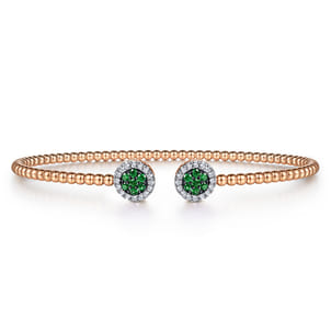 14K Rose Gold Bujukan Bead Cuff Bracelet with Emerald and Diamond Halo Caps