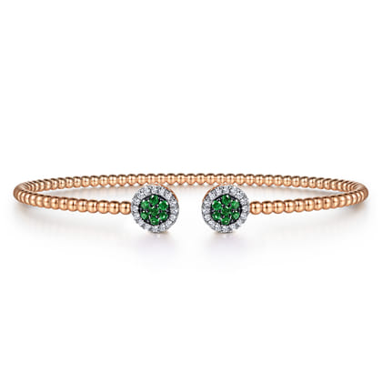 14K Rose Gold Bujukan Bead Cuff Bracelet with Emerald and Diamond Halo Caps