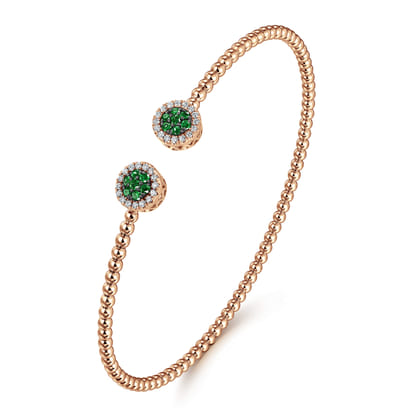 14K Rose Gold Bujukan Bead Cuff Bracelet with Emerald and Diamond Halo Caps