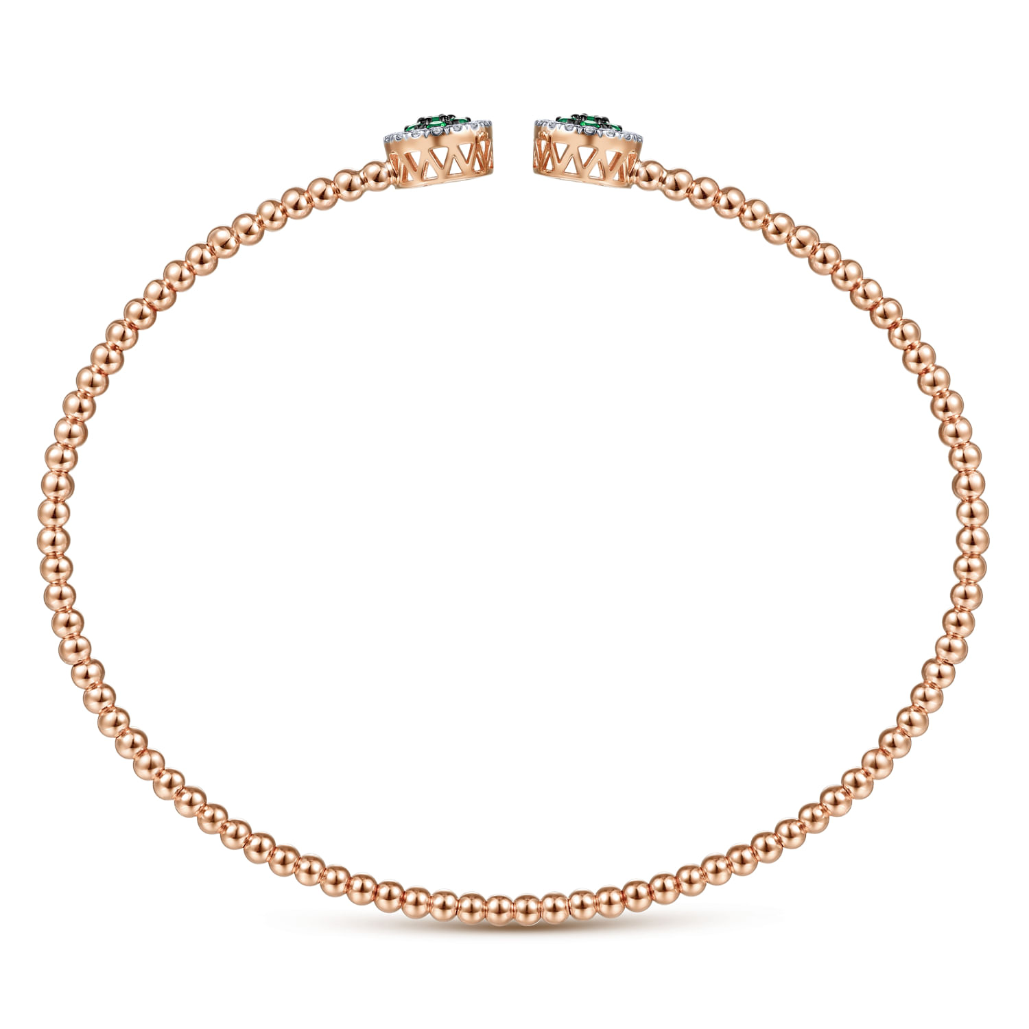 14K Rose Gold Bujukan Bead Cuff Bracelet with Emerald and Diamond Halo Caps
