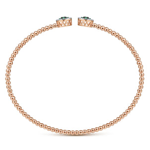 14K Rose Gold Bujukan Bead Cuff Bracelet with Emerald and Diamond Halo Caps