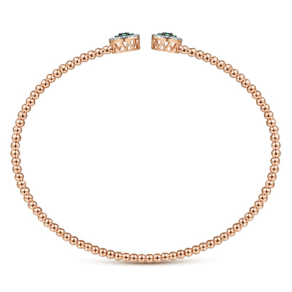 14K Rose Gold Bujukan Bead Cuff Bracelet with Emerald and Diamond Halo Caps