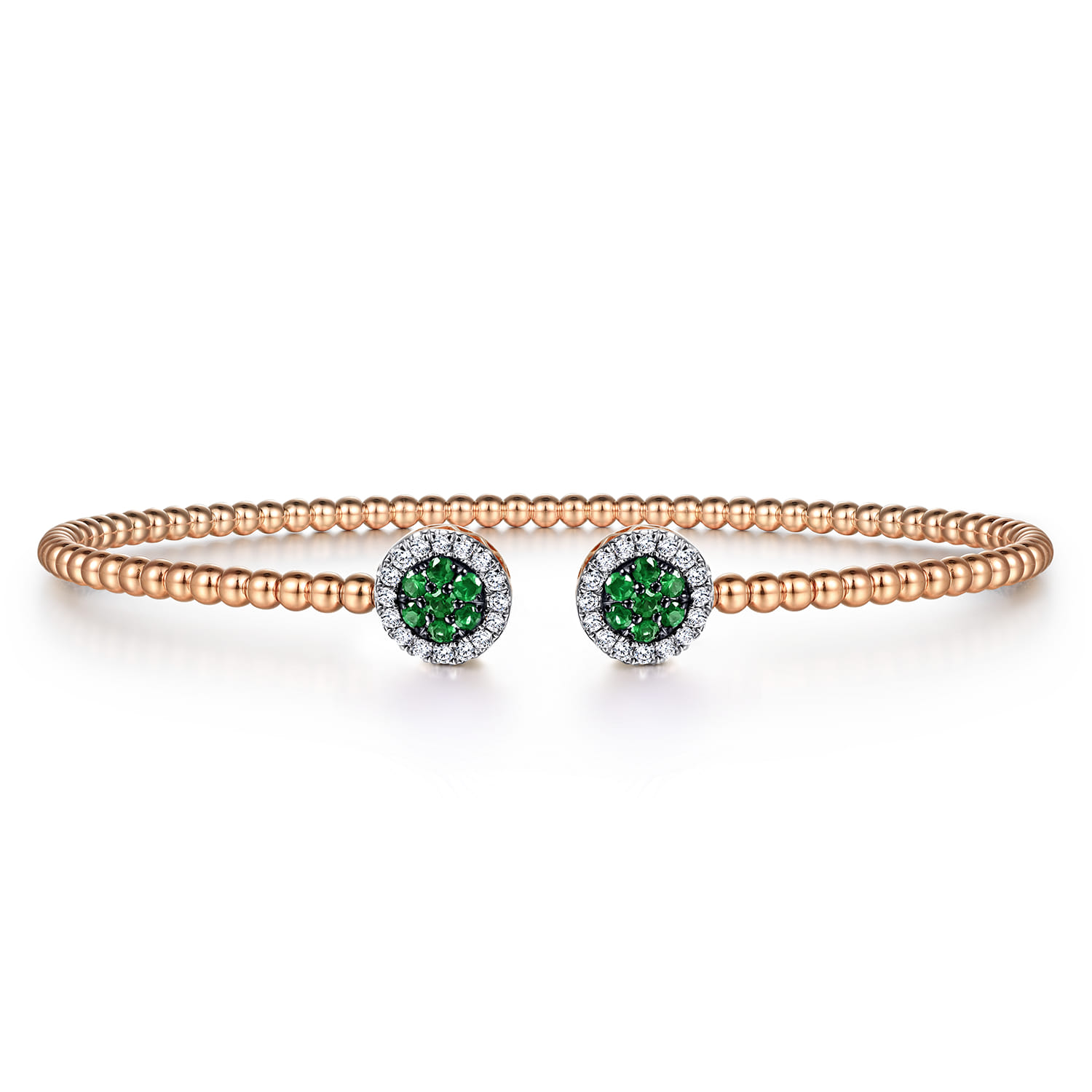 14K Rose Gold Bujukan Bead Cuff Bracelet with Emerald and Diamond Halo Caps - 0.16 ct - Shot 1