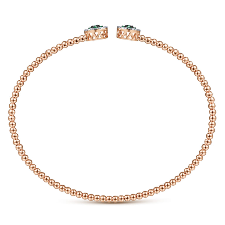 14K Rose Gold Bujukan Bead Cuff Bracelet with Emerald and Diamond Halo Caps - 0.16 ct - Shot 3