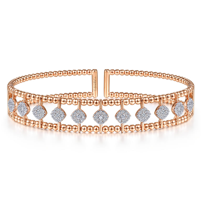 14K Rose Gold Bujukan Bead Cuff Bracelet with Pave Diamond Connectors - 0.75 ct - Shot 1