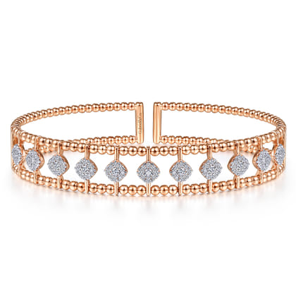 14K Rose Gold Bujukan Bead Cuff Bracelet with Pave Diamond Connectors