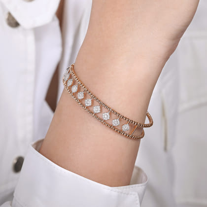 14K Rose Gold Bujukan Bead Cuff Bracelet with Pave Diamond Connectors