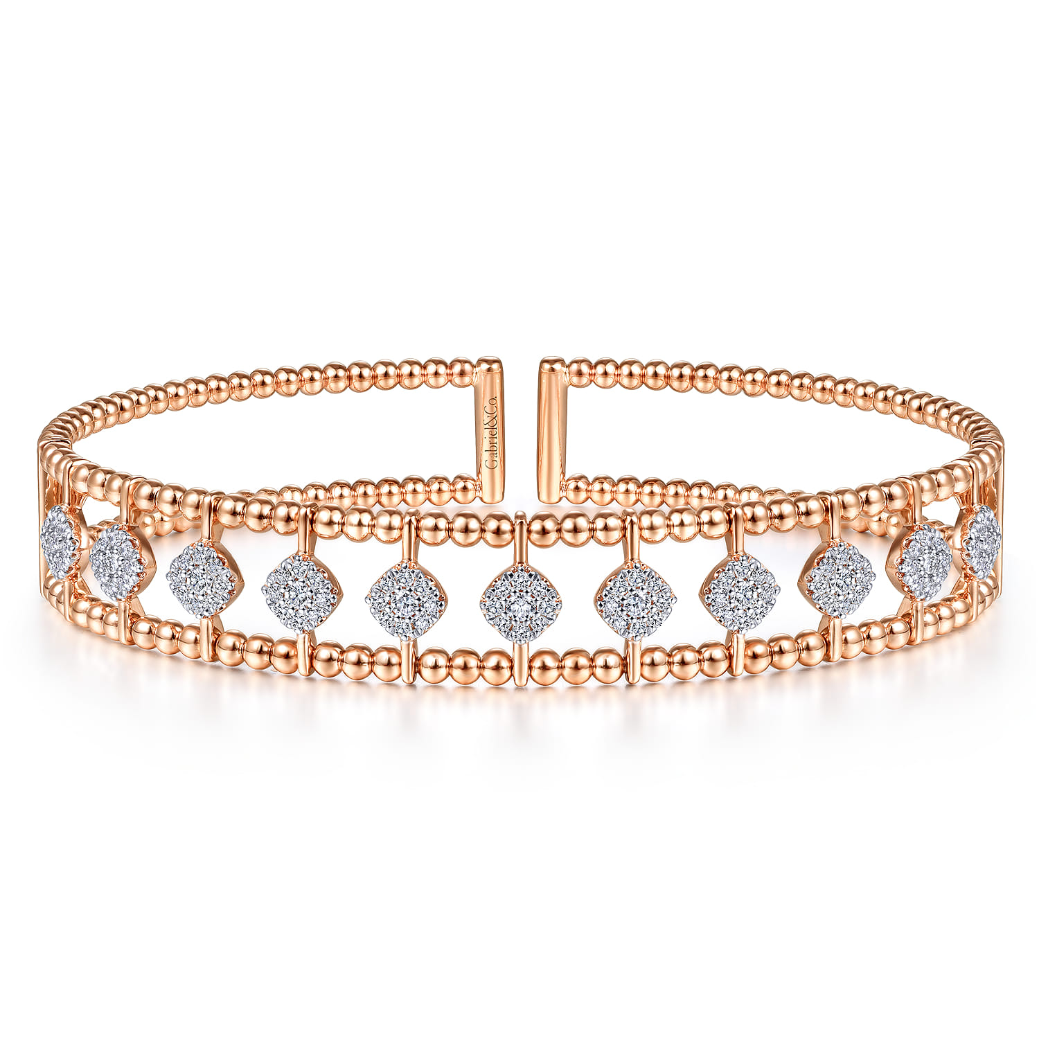 14K Rose Gold Bujukan Bead Cuff Bracelet with Pave Diamond Connectors - 0.85 ct - Shot 1