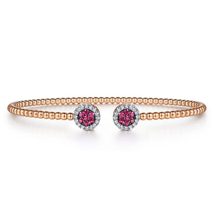 14K Rose Gold Bujukan Bead Cuff Bracelet with Ruby and Diamond Halo Caps