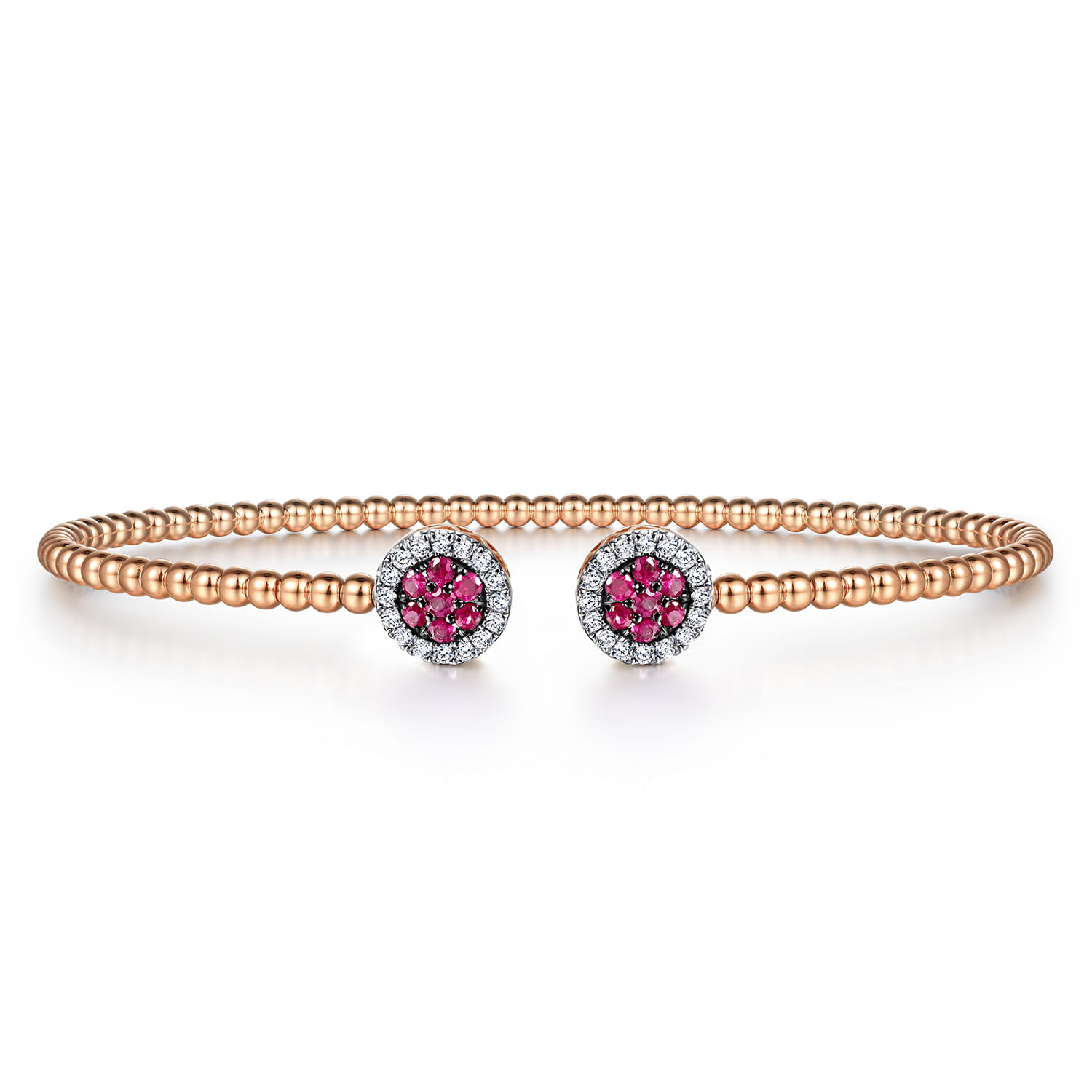 14K Rose Gold Bujukan Bead Cuff Bracelet with Ruby and Diamond Halo Caps - 0.16 ct - Shot 1