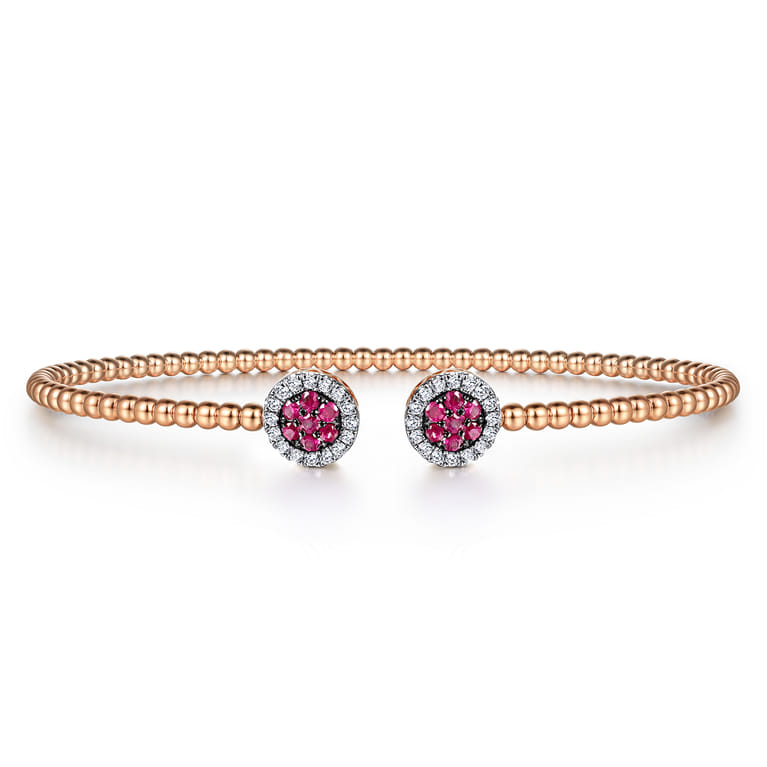 14K Rose Gold Bujukan Bead Cuff Bracelet with Ruby and Diamond Halo Caps - 0.16 ct - Shot 1