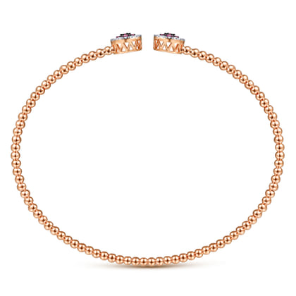 14K Rose Gold Bujukan Bead Cuff Bracelet with Ruby and Diamond Halo Caps