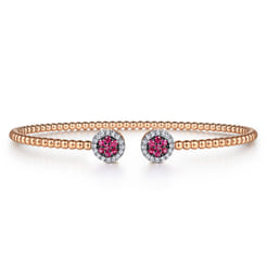 14K Rose Gold Bujukan Bead Cuff Bracelet with Ruby and Diamond Halo Caps