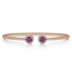 14K Rose Gold Bujukan Bead Cuff Bracelet with Ruby and Diamond Halo Caps