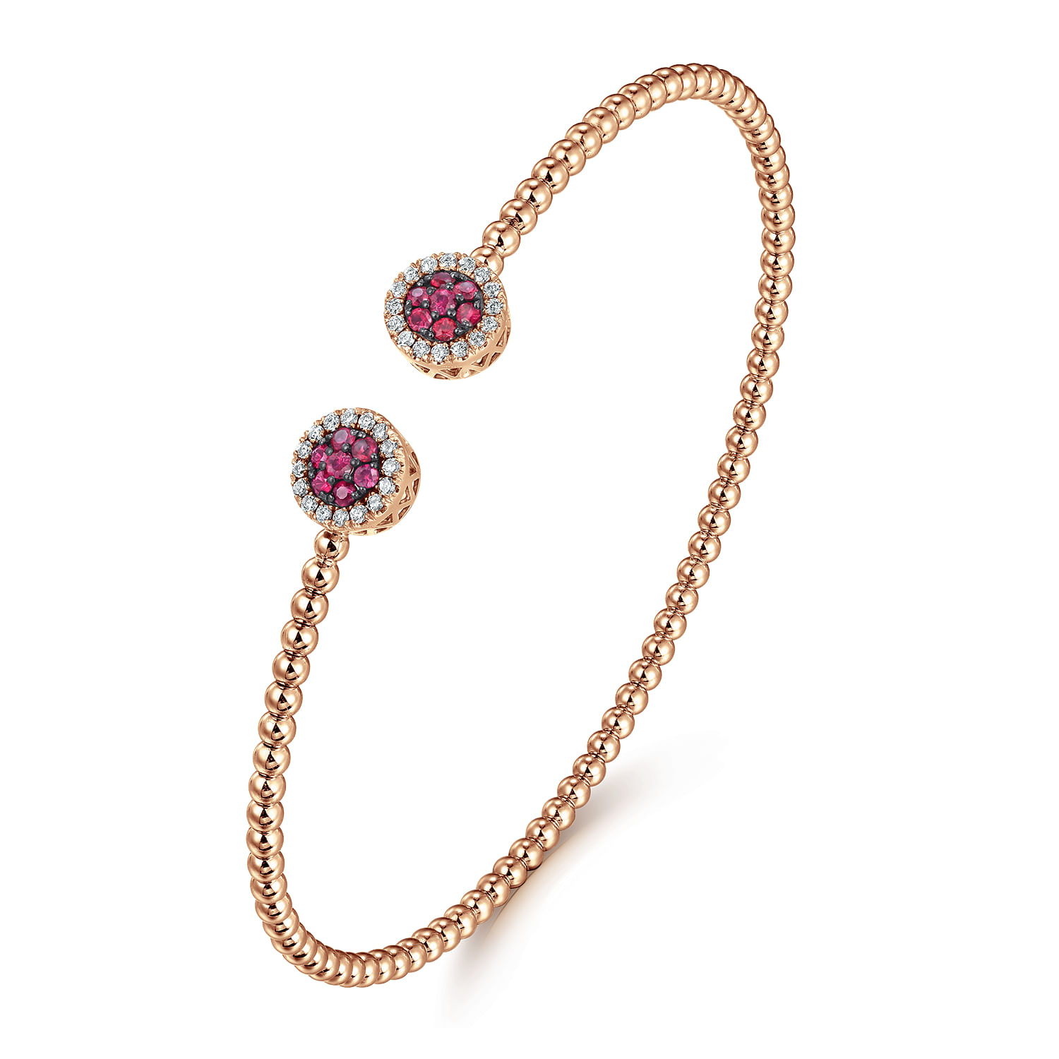 14K Rose Gold Bujukan Bead Cuff Bracelet with Ruby and Diamond Halo Caps